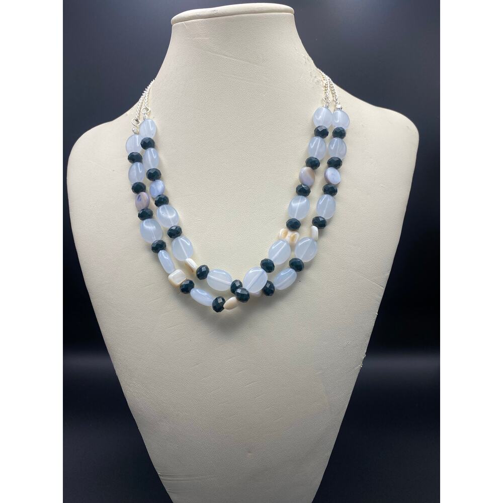 ICING Double Strand Statement Necklace Blue & Black Faceted Beads Silvertone
